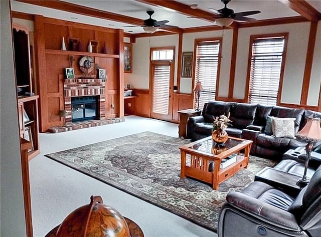 925 S Walnut St, Maryville, MO 64468 - carpeted living area with a ceiling fan, a fireplace, plenty of natural light, a wainscoted wall, and a decorative wall