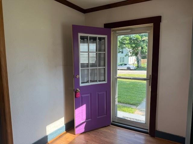 313 Shawnee St, Hiawatha, KS 66434 - entryway with crown molding, wood finished floors, and baseboards