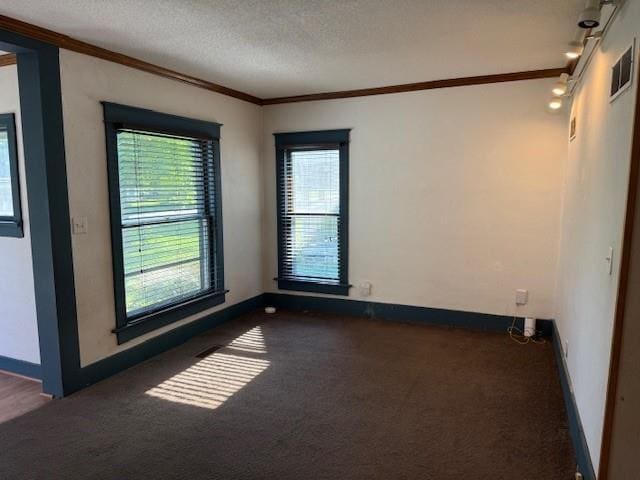 313 Shawnee St, Hiawatha, KS 66434 - carpeted spare room with ornamental molding, plenty of natural light, baseboards, and a textured ceiling
