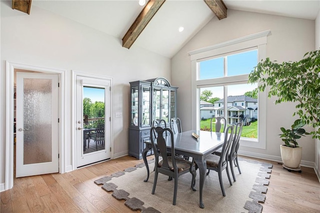 130 NW Ambersham Dr, Lees Summit, MO 64081 - dining space featuring beam ceiling, light wood-type flooring, high vaulted ceiling, and recessed lighting