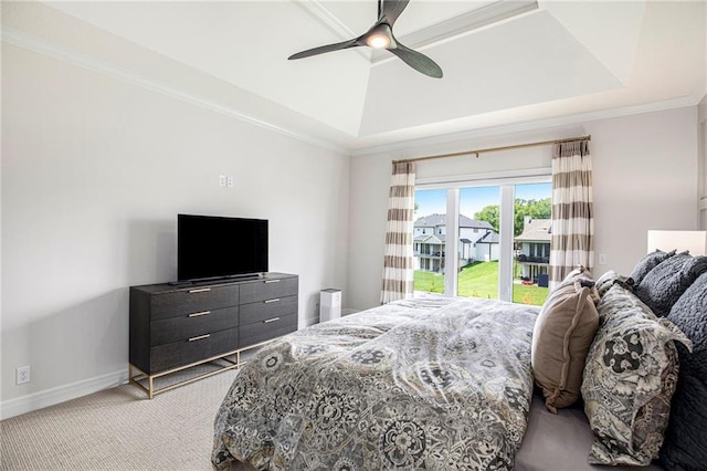 130 NW Ambersham Dr, Lees Summit, MO 64081 - bedroom with access to exterior, light colored carpet, a tray ceiling, crown molding, and a ceiling fan