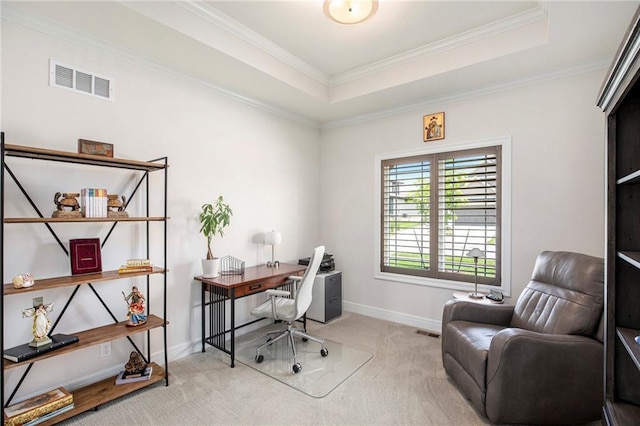 130 NW Ambersham Dr, Lees Summit, MO 64081 - carpeted office with a tray ceiling and ornamental molding