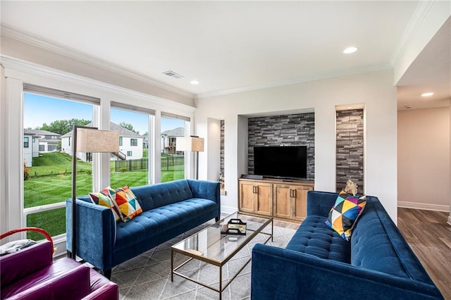 130 NW Ambersham Dr, Lees Summit, MO 64081 - living room with wood finished floors, crown molding, and recessed lighting