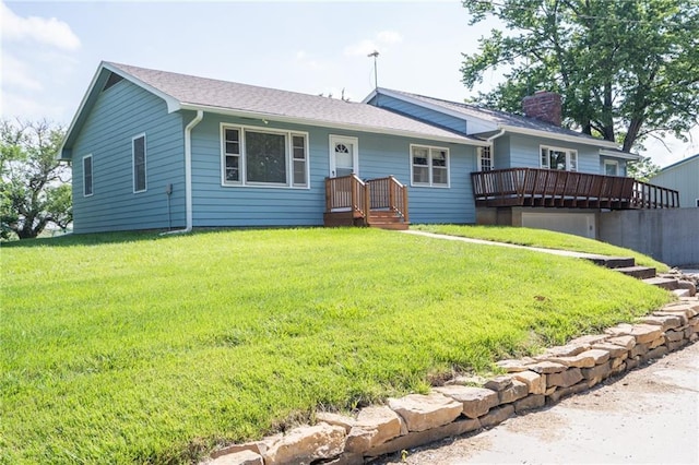 9643 Y Rd, Meriden, KS 66512 - view of front of home with a front lawn, a shingled roof, and a deck
