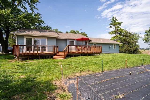 9643 Y Rd, Meriden, KS 66512 - rear view of house featuring a deck and a lawn