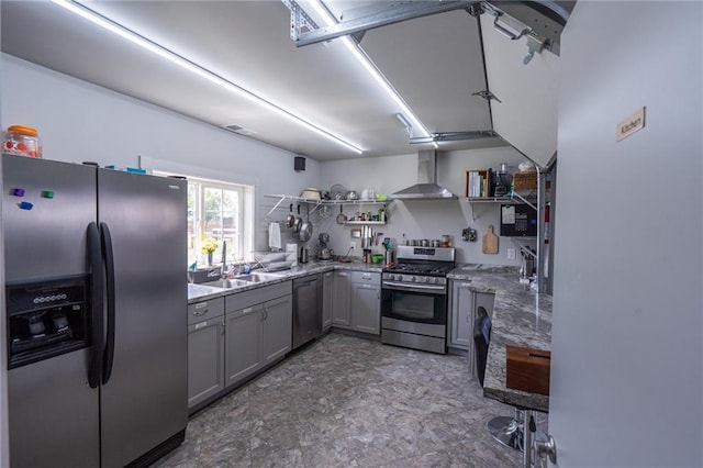 9643 Y Rd, Meriden, KS 66512 - kitchen featuring appliances with stainless steel finishes, open shelves, gray cabinets, wall chimney exhaust hood, and light stone counters