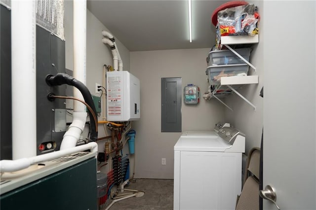 9643 Y Rd, Meriden, KS 66512 - laundry room featuring electric panel, washer and dryer, and water heater