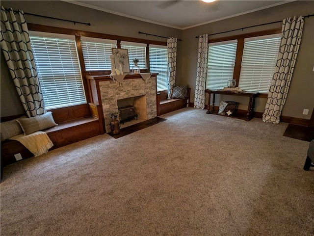 1208 Central Ave, Horton, KS 66439 - carpeted living area featuring crown molding and a stone fireplace