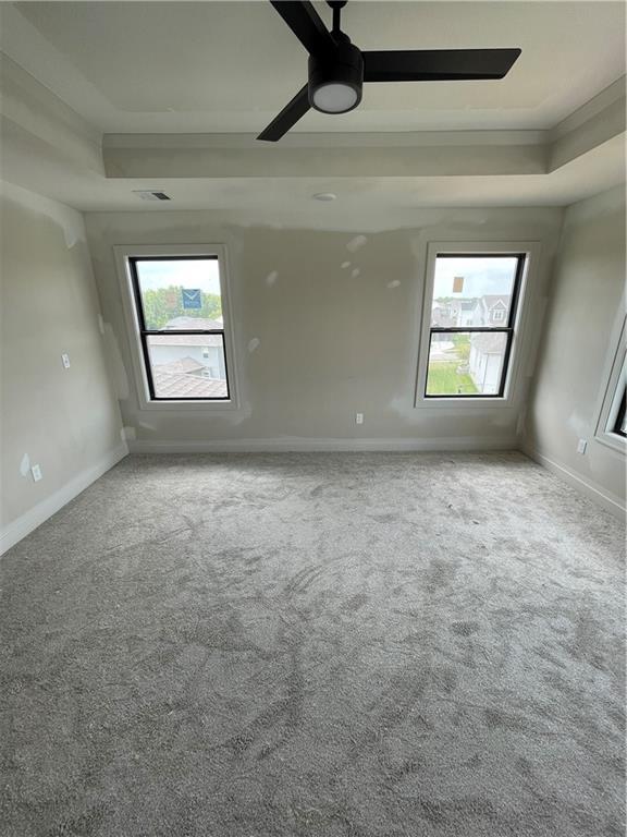 1824 Arbor Trl, Liberty, MO 64068 - carpeted spare room featuring a raised ceiling, ceiling fan, and healthy amount of natural light
