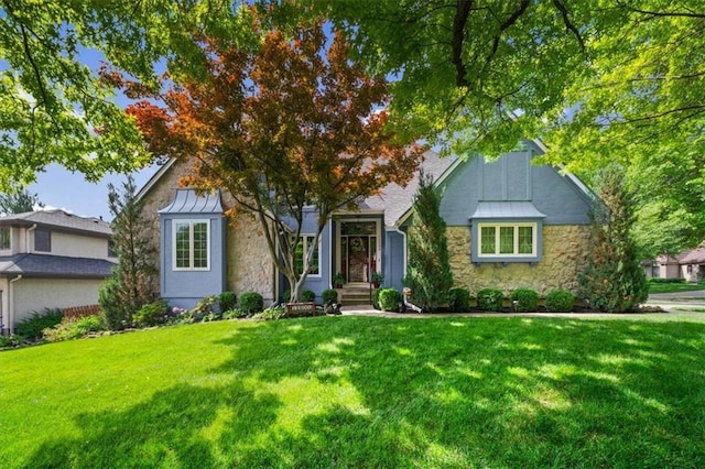 12600 Wenonga Ln, Leawood, KS 66209 - view of front of property with stone siding, a front lawn, and a standing seam roof