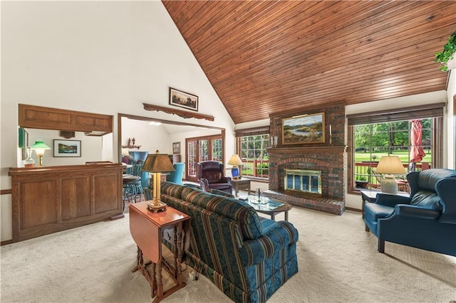 12600 Wenonga Ln, Leawood, KS 66209 - carpeted living room featuring wood ceiling, healthy amount of natural light, a brick fireplace, and high vaulted ceiling