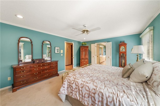 12600 Wenonga Ln, Leawood, KS 66209 - carpeted bedroom featuring ornamental molding, ceiling fan, a textured ceiling, ensuite bath, and recessed lighting
