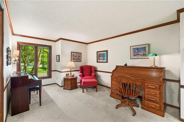12600 Wenonga Ln, Leawood, KS 66209 - office featuring ornamental molding, a textured ceiling, and carpet flooring