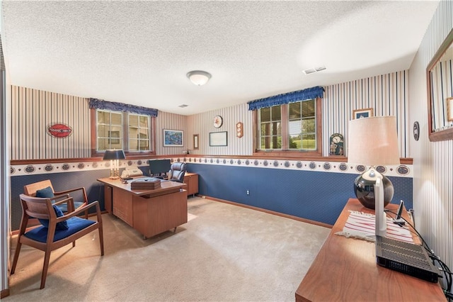 12600 Wenonga Ln, Leawood, KS 66209 - office area featuring wallpapered walls, a textured ceiling, and carpet floors