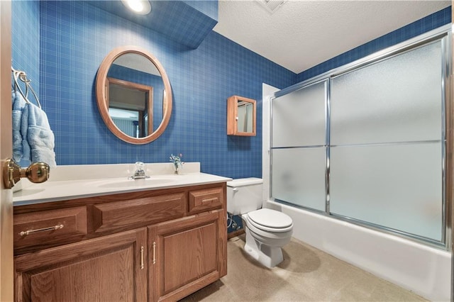 12600 Wenonga Ln, Leawood, KS 66209 - full bath with vanity, wallpapered walls, shower / bath combination with glass door, and a textured ceiling