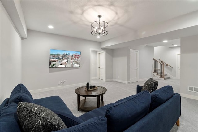 7106 Linden St, Prairie Village, KS 66208 - living room featuring light colored carpet, stairs, and recessed lighting