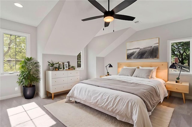 7106 Linden St, Prairie Village, KS 66208 - carpeted bedroom featuring vaulted ceiling, ceiling fan, and recessed lighting