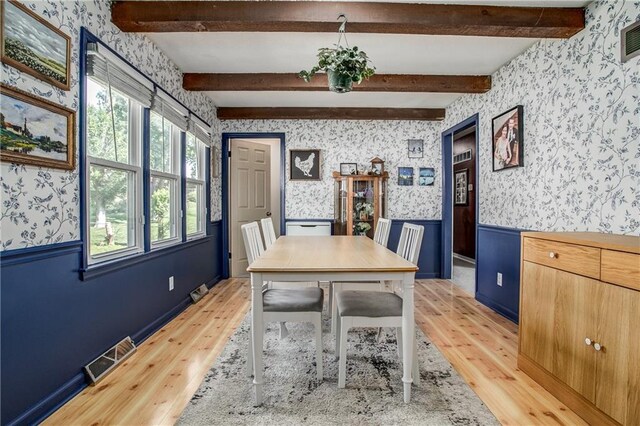 3920 S Milton Dr, Independence, MO 64055 - dining space featuring wallpapered walls, light wood-type flooring, a wainscoted wall, and beamed ceiling