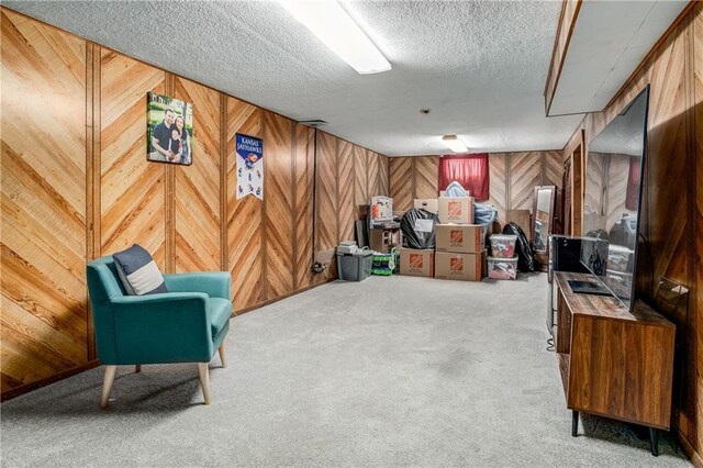 3920 S Milton Dr, Independence, MO 64055 - sitting room with carpet flooring, a textured ceiling, and wood walls