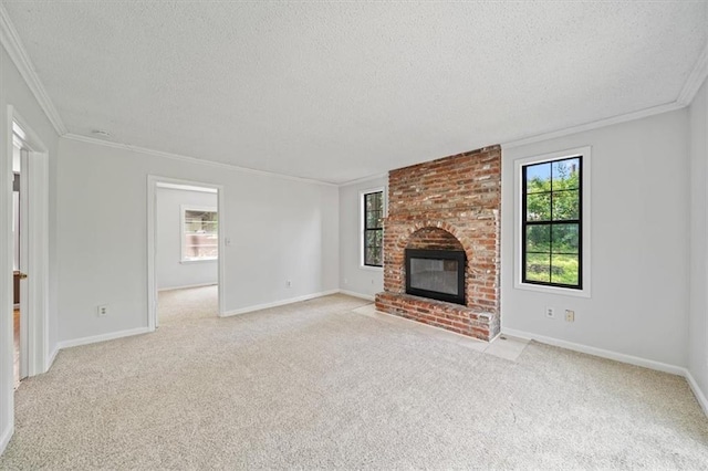 1822 Rankin Dr, Independence, MO 64055 - unfurnished living room with a textured ceiling, light carpet, ornamental molding, and a fireplace