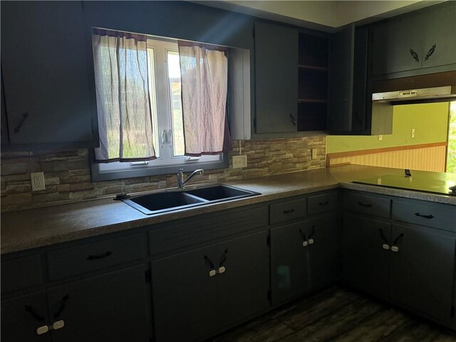 1110 S Plummer Ave, Chanute, KS 66720 - kitchen featuring a sink, black electric stovetop, under cabinet range hood, and tasteful backsplash