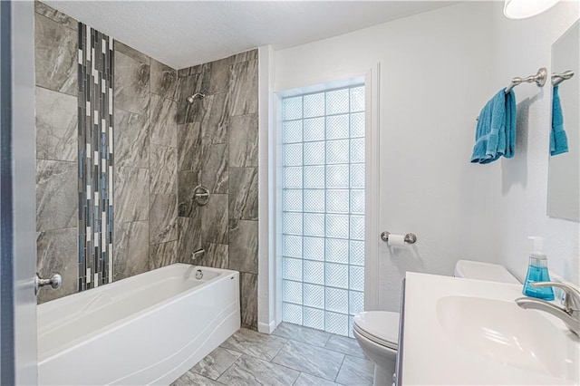 12600 Brooklyn St, Kansas City, MO 64146 - full bath with tub / shower combination, vanity, marble look tiles, and a textured ceiling