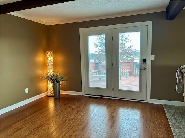 26609 S Red Bud Rd, Freeman, MO 64746 - doorway to outside with crown molding and hardwood / wood-style floors