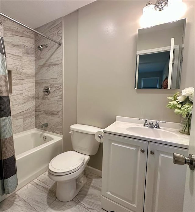 26609 S Red Bud Rd, Freeman, MO 64746 - full bath with marble finish floors, vanity, and shower / tub combo with curtain