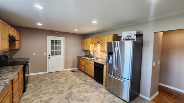 411 S Fulton St, Butler, MO 64730 - kitchen featuring black appliances, tasteful backsplash, recessed lighting, and under cabinet range hood