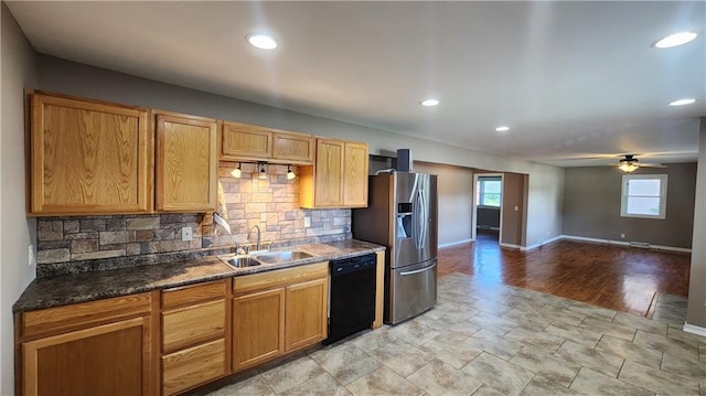 411 S Fulton St, Butler, MO 64730 - kitchen with black dishwasher, stainless steel fridge with ice dispenser, decorative backsplash, a ceiling fan, and dark countertops