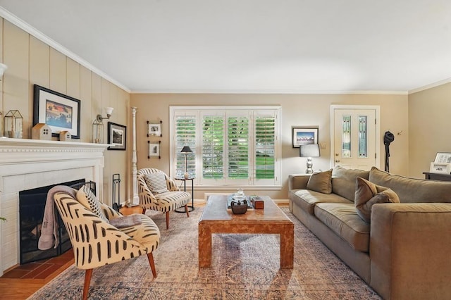 8604 Sagamore Rd, Leawood, KS 66206 - living area with crown molding, a fireplace, and wood finished floors