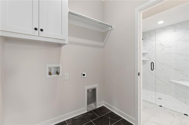 31501 W 86th Ct, De Soto, KS 66018 - washroom featuring dark marble finish floors, washer hookup, cabinet space, hookup for an electric dryer, and recessed lighting