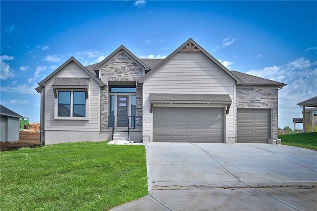 6113 Barth Rd, Shawnee, KS 66226 - view of front of house featuring a garage, stone siding, concrete driveway, and a front lawn