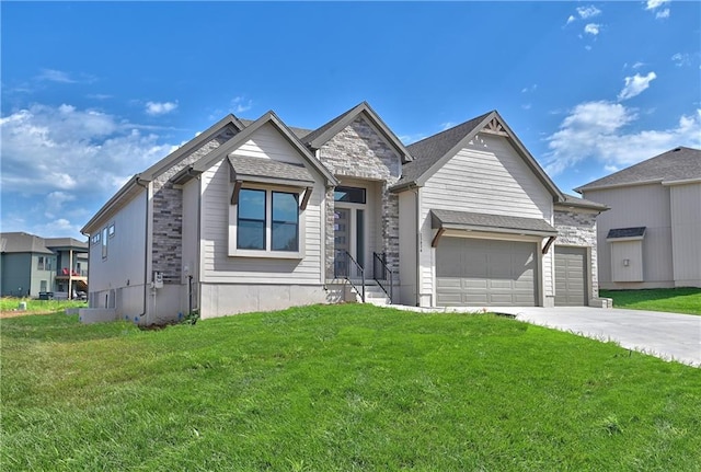 6113 Barth Rd, Shawnee, KS 66226 - view of front of house with an attached garage, concrete driveway, a front lawn, and stone siding