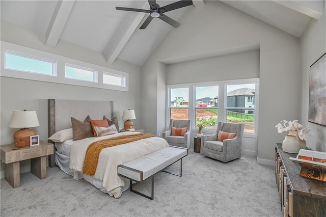 6113 Barth Rd, Shawnee, KS 66226 - bedroom with high vaulted ceiling, beamed ceiling, light carpet, a ceiling fan, and baseboards