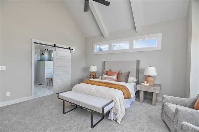 6113 Barth Rd, Shawnee, KS 66226 - carpeted bedroom with a barn door, beam ceiling, baseboards, high vaulted ceiling, and ensuite bathroom