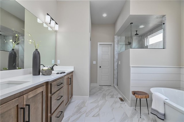 6113 Barth Rd, Shawnee, KS 66226 - bathroom with a stall shower, baseboards, marble finish flooring, double vanity, and a freestanding bath