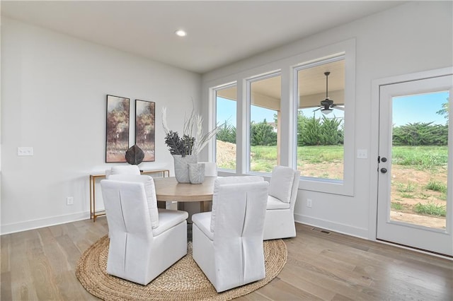 6039 Apache Dr, Shawnee, KS 66226 - dining area featuring wood finished floors, ceiling fan, baseboards, and recessed lighting