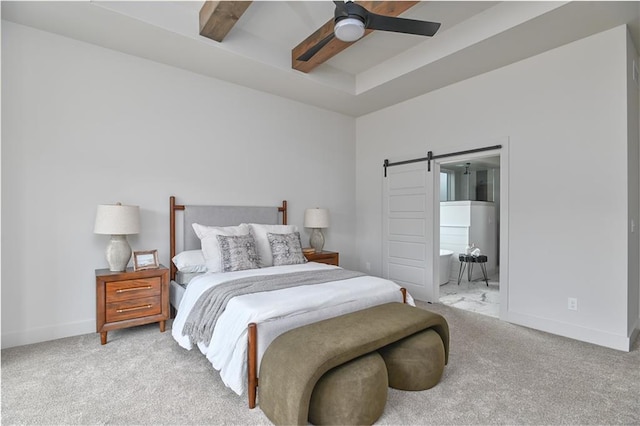 6039 Apache Dr, Shawnee, KS 66226 - bedroom featuring carpet, a barn door, baseboards, and a ceiling fan