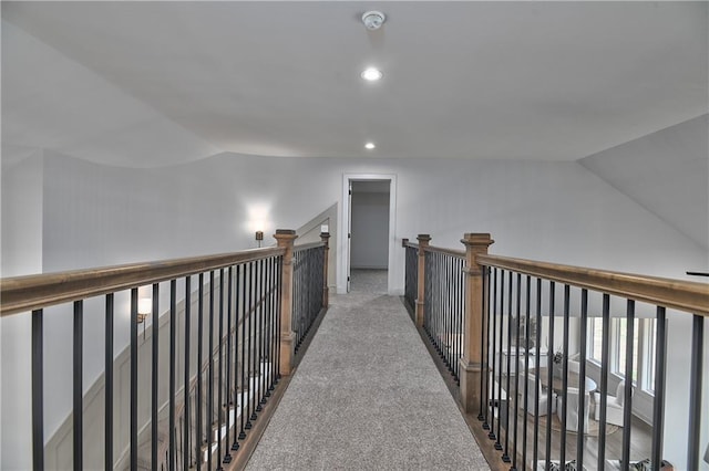 6039 Apache Dr, Shawnee, KS 66226 - hall featuring lofted ceiling, recessed lighting, and carpet flooring