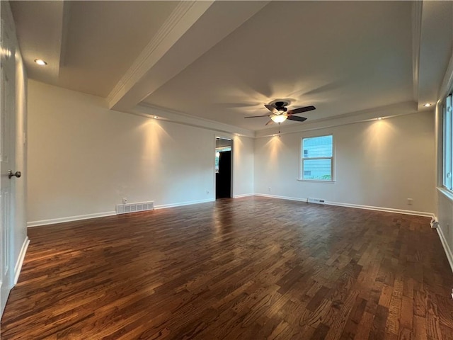 4215 Summit St, Leavenworth, KS 66048 - empty room featuring dark wood-style floors, a ceiling fan, ornamental molding, recessed lighting, and a tray ceiling