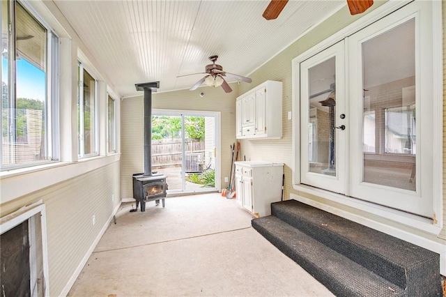 1307 W 30th St S, Independence, MO 64052 - sunroom with a wood stove, vaulted ceiling, and french doors