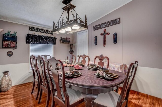 31965 Lakecrest Dr, Excelsior Springs, MO 64024 - dining space featuring wood finished floors, a textured ceiling, and vaulted ceiling