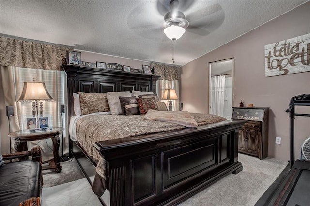 31965 Lakecrest Dr, Excelsior Springs, MO 64024 - bedroom with light colored carpet, a textured ceiling, lofted ceiling, and a ceiling fan