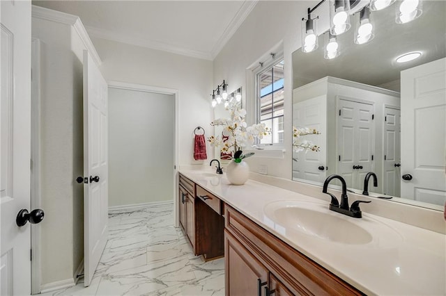 812 E 110th Ter, Kansas City, MO 64131 - full bathroom with marble look tiles, double vanity, and crown molding