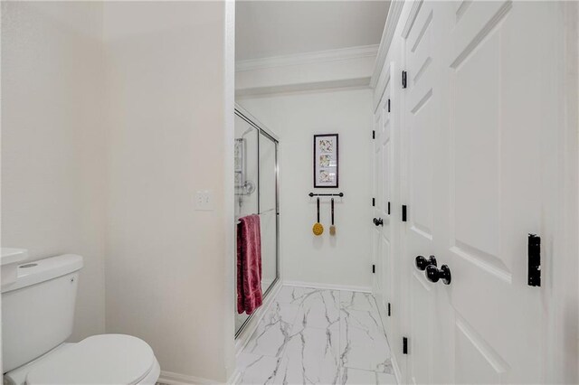 812 E 110th Ter, Kansas City, MO 64131 - bathroom with marble look tiles, a stall shower, and ornamental molding