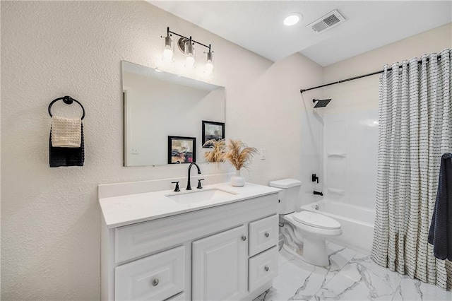 812 E 110th Ter, Kansas City, MO 64131 - bathroom with vanity, shower / bathtub combination with curtain, marble look tile flooring, and a textured wall
