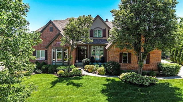 9905 W 144th St, Overland Park, KS 66221 - view of front of home with a front lawn, brick siding, and a chimney