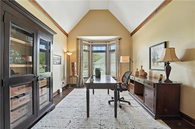 9905 W 144th St, Overland Park, KS 66221 - office space with lofted ceiling, crown molding, and dark wood-style floors