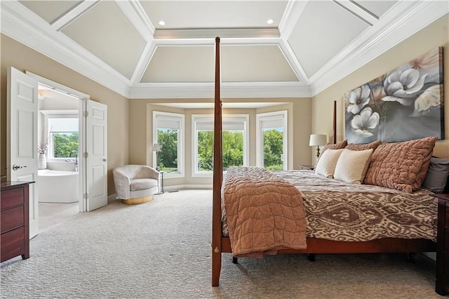 9905 W 144th St, Overland Park, KS 66221 - carpeted bedroom featuring vaulted ceiling, crown molding, and connected bathroom